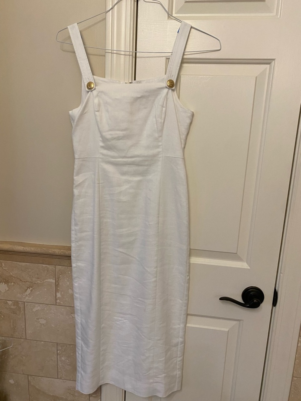 Classic White Midi Dress with Button-Strap Detail